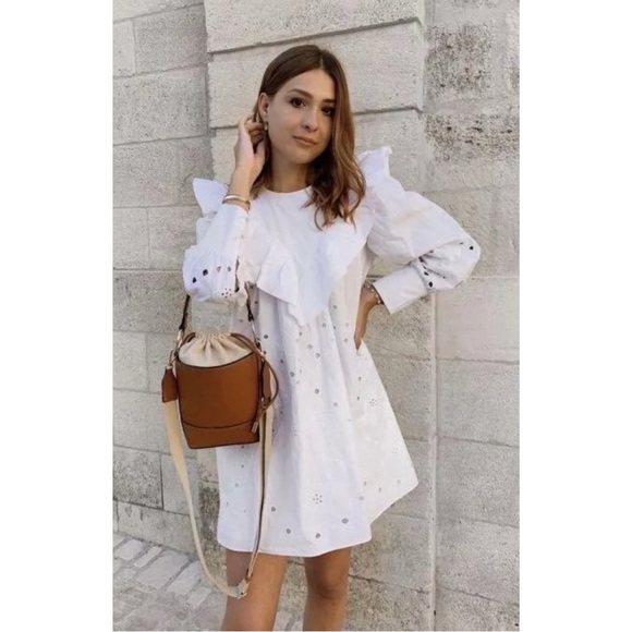 Zara Women Ruffle Openwork Embroidered White  Dress Bloggers Favorite, Medium - Picture 12 of 16